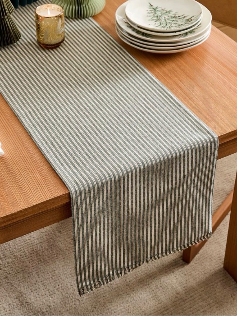 West Elm Sadie Striped Green Table Runner Home Dining Decor Linens NWT Homey